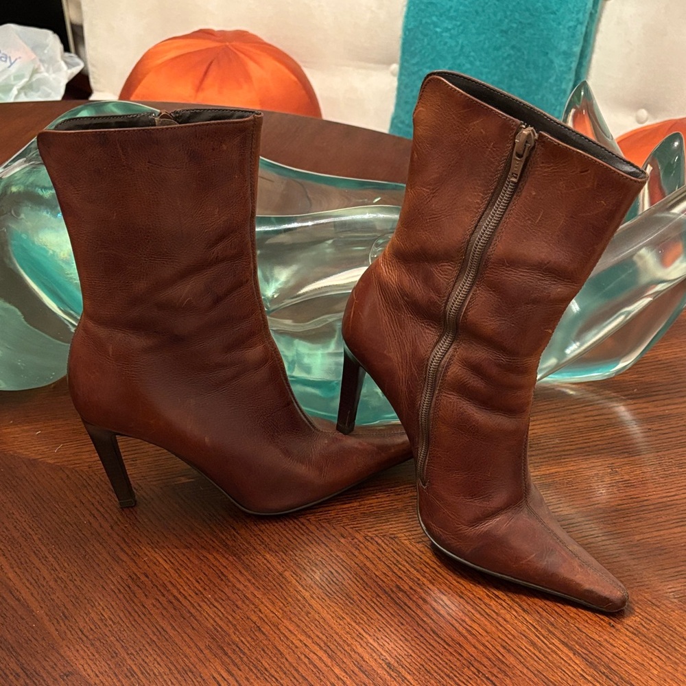 Steve Madden Brown Leather Pointed Toe Mid-Calf Heeled Boots